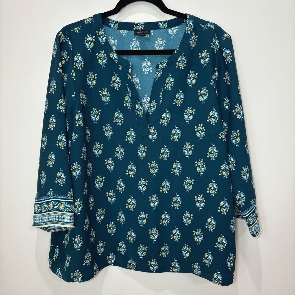 J Jill Wearever Collection Easy-Care Tunic Teal Blue Floral Blouse Women L Boho